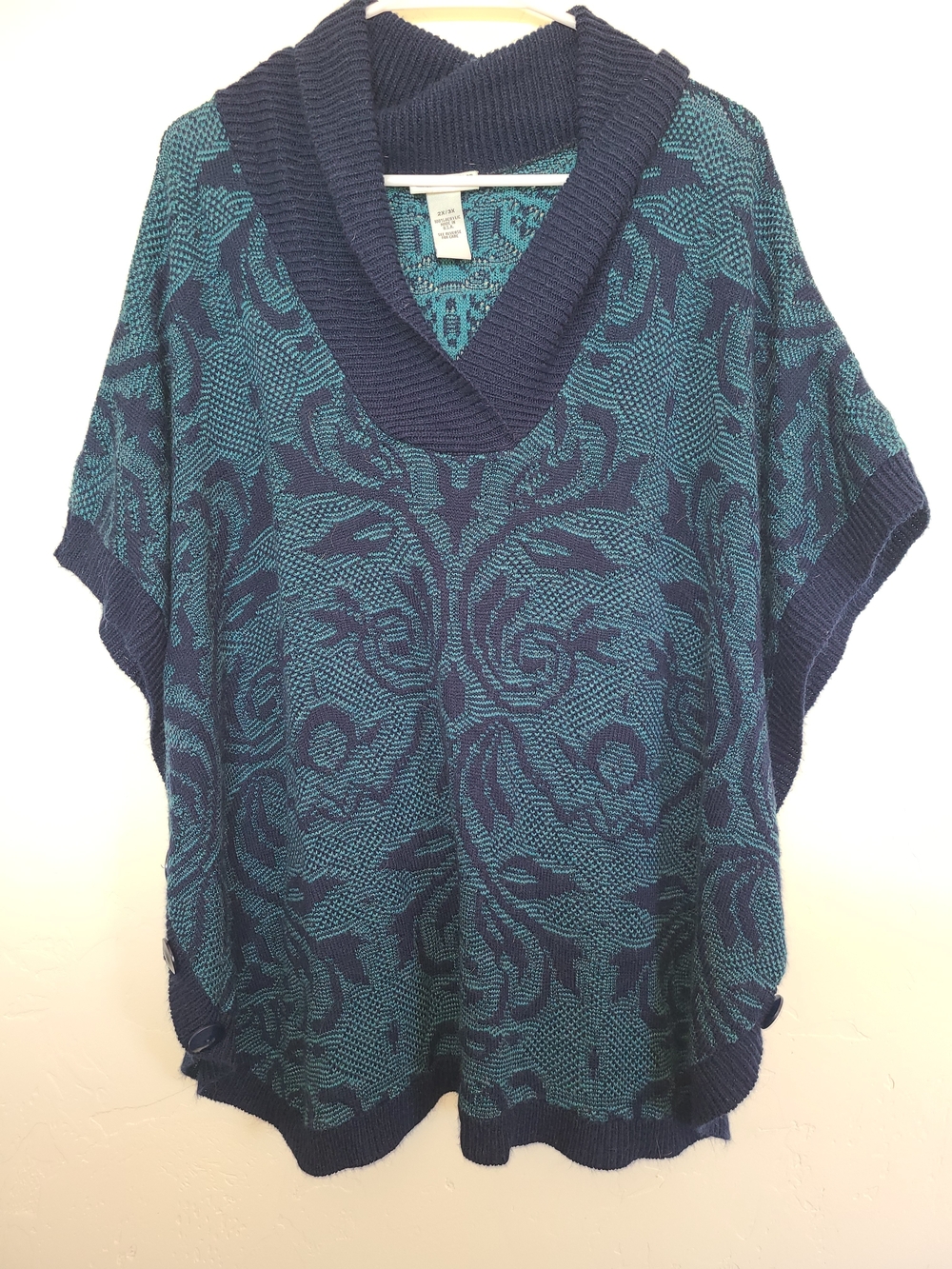 Catherines Navy and Teal Jacquard Shawl-Collar Poncho Sweater, Size 2X